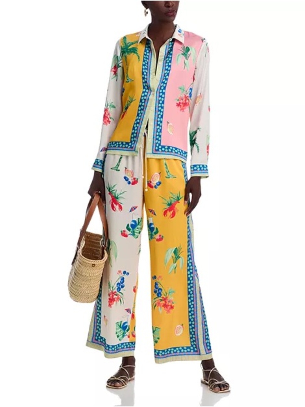 Womens Two-Tone Skies are Blue Curvy Floral Wide-Leg Pants - White & Yellow